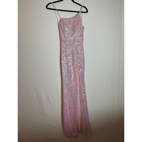 Midnight Doll One Shoulder Pink Sequin Gown with Front Slit Size 0 - Picture 1 of 7